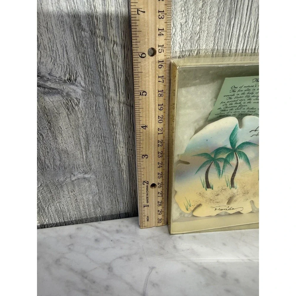 Vintage Hand Painted Florida Sand Dollar Beach Art Palm Trees Shadow Box Frame